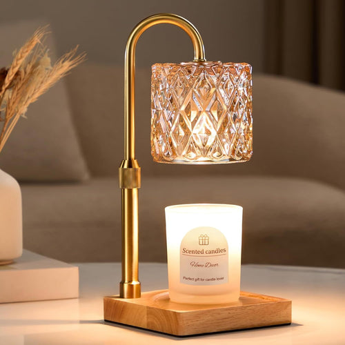 Amber glass candle warmer lamp on a solid wood base with timer and dimmer