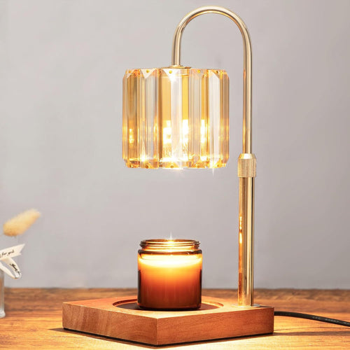 Amber glass candle warmer lamp on a solid wood base with timer and dimmer